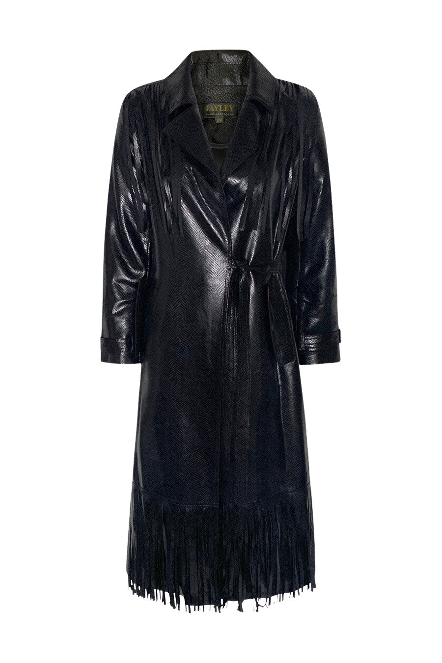 Shop MorAurae women’s fashion outerwear — BLAZE Trench Coat in black snake-effect vegan suede with fringe details and ultra-soft drape fit by Jay Ley