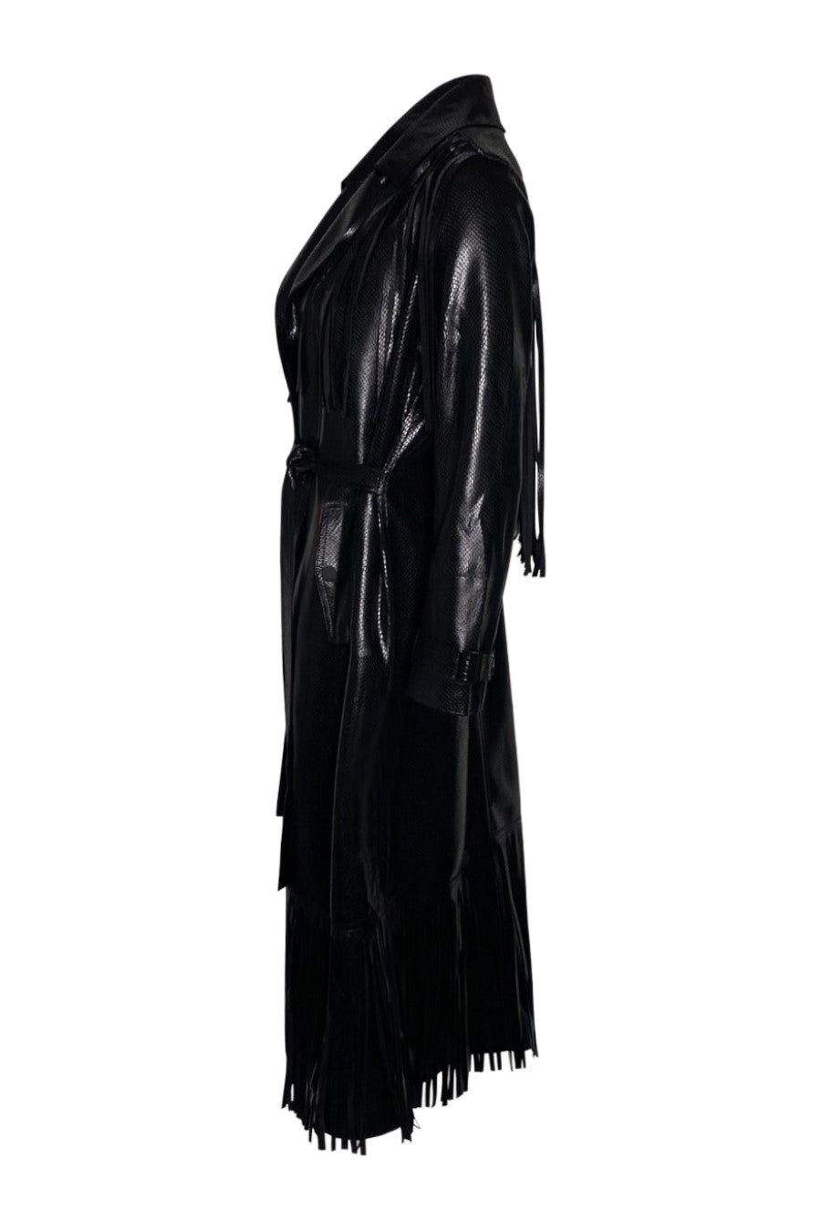 "Blaze" Trench Coat — Red Coated Vegan Suede Snake-Effect Leather with Fringe