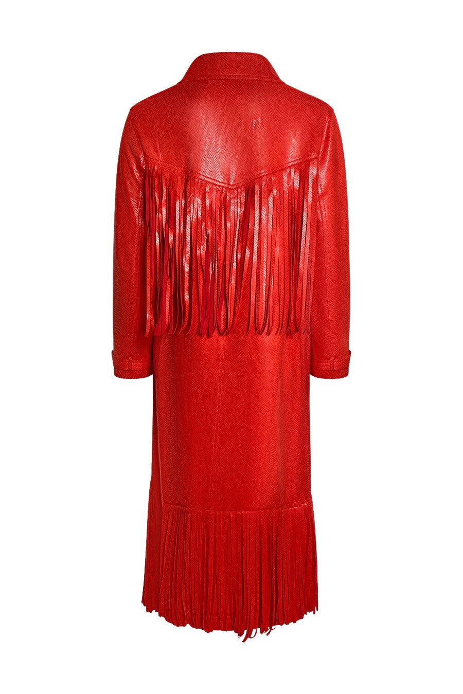 "Blaze" Trench Coat — Red Coated Vegan Suede Snake-Effect Leather with Fringe