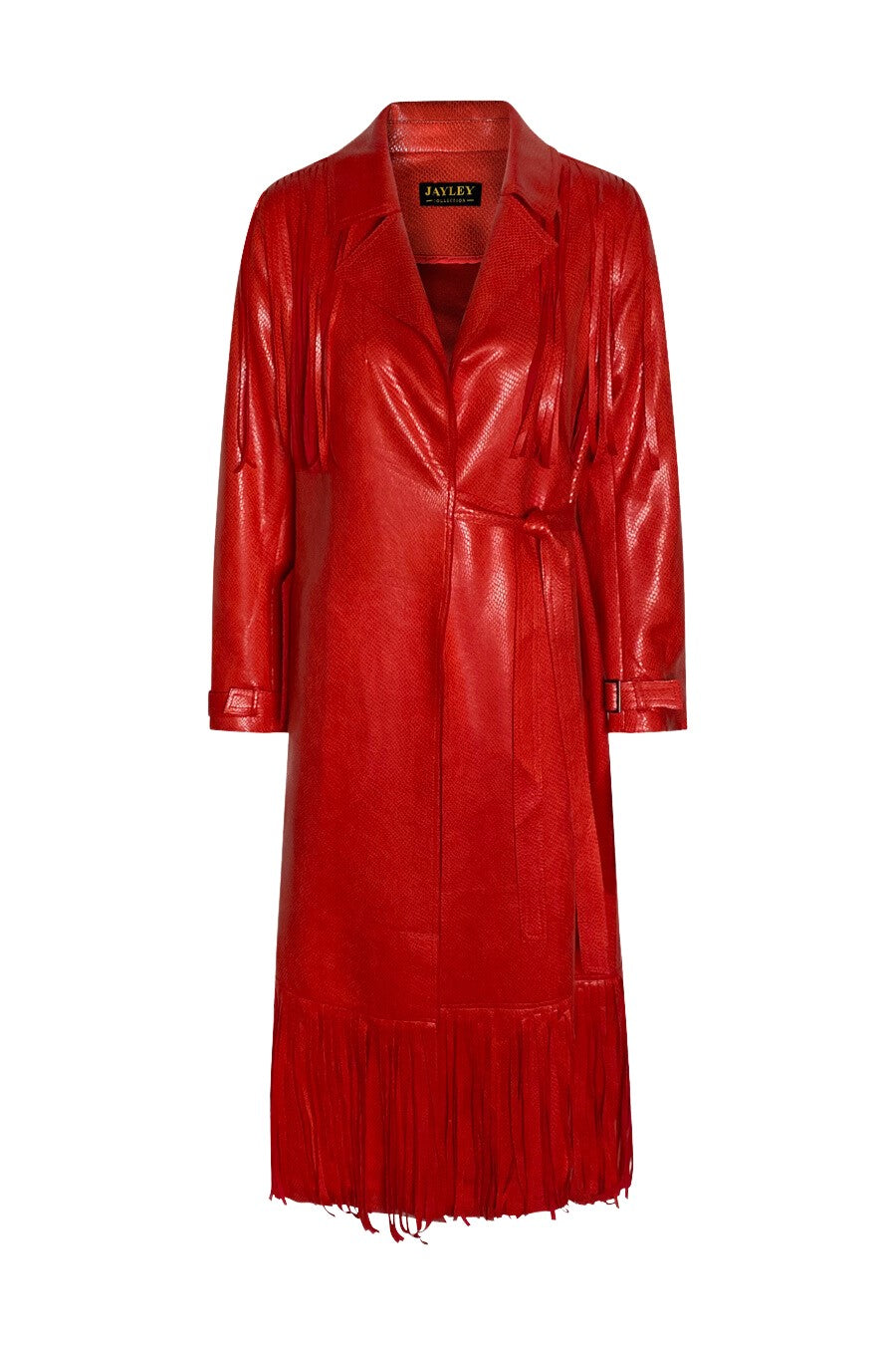 "Blaze" Trench Coat — Red Coated Vegan Suede Snake-Effect Leather with Fringe