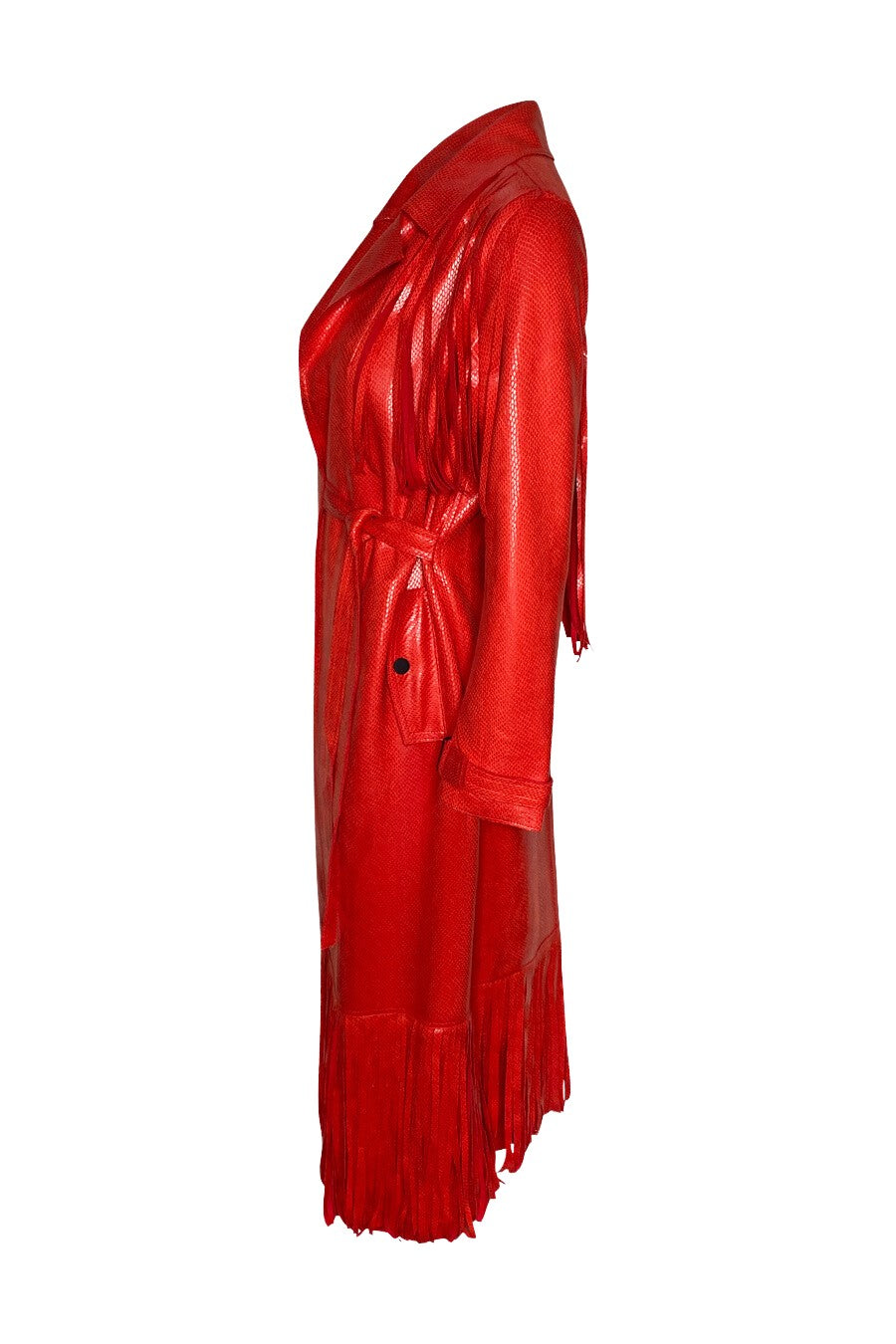 "Blaze" Trench Coat — Red Coated Vegan Suede Snake-Effect Leather with Fringe