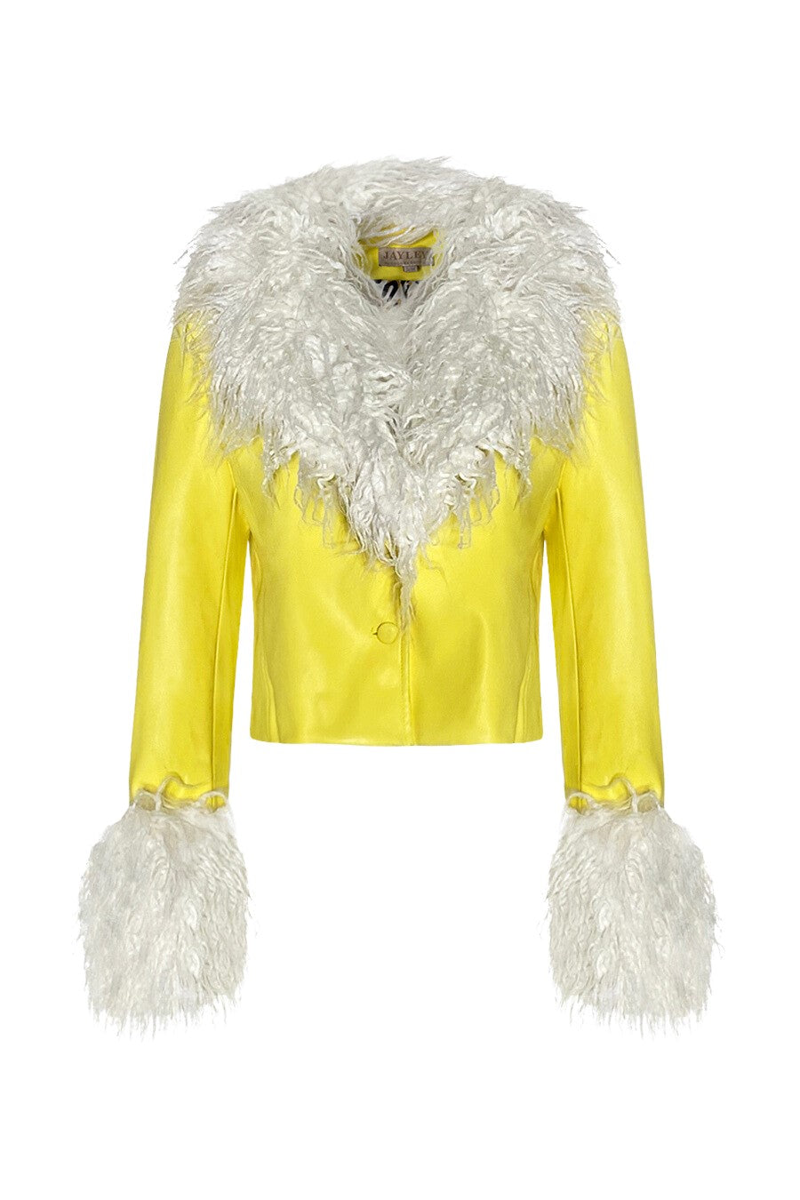 Shop MorAurae women’s fashion outerwear — BRIO Cropped Jacket in citrus yellow vegan leather with detachable Mongolian-style vegan fur by Jay Ley