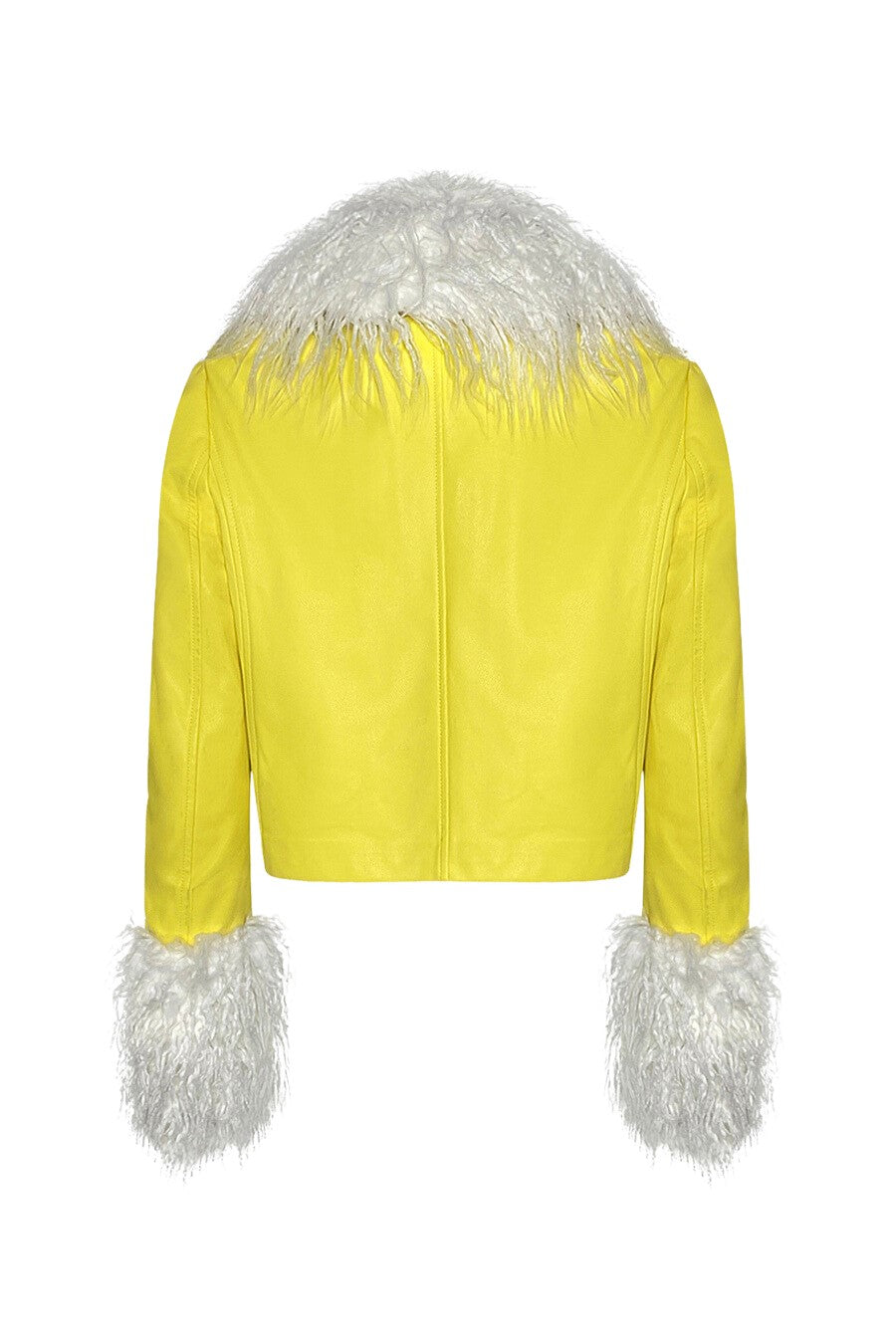 "Brio" Cropped Jacket — Citrus Yellow Vegan Leather & Mongolian-Style Vegan Fur