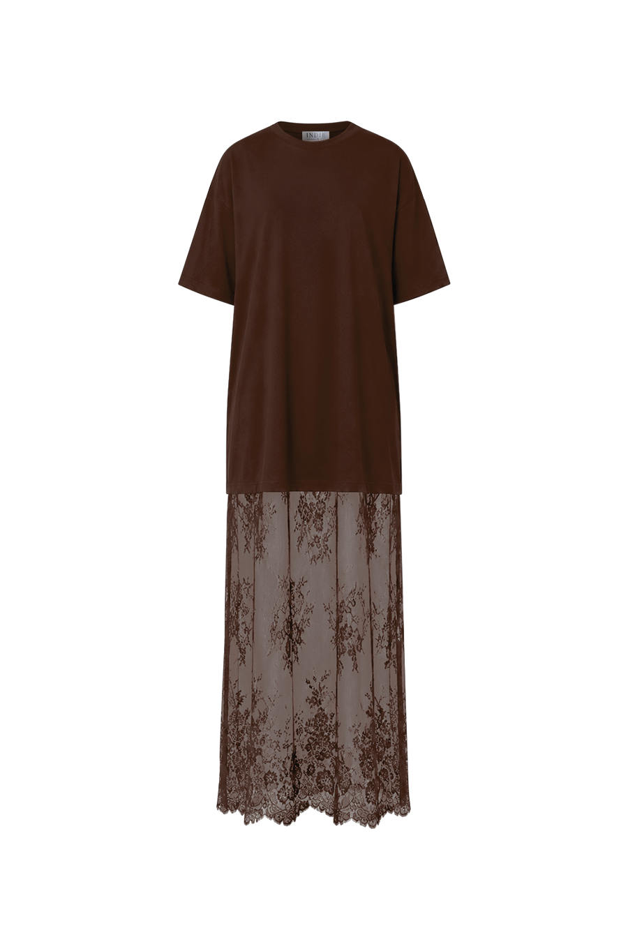 "Vesper" T-Shirt Maxi Dress — Rosewood Brown Lace Skirt