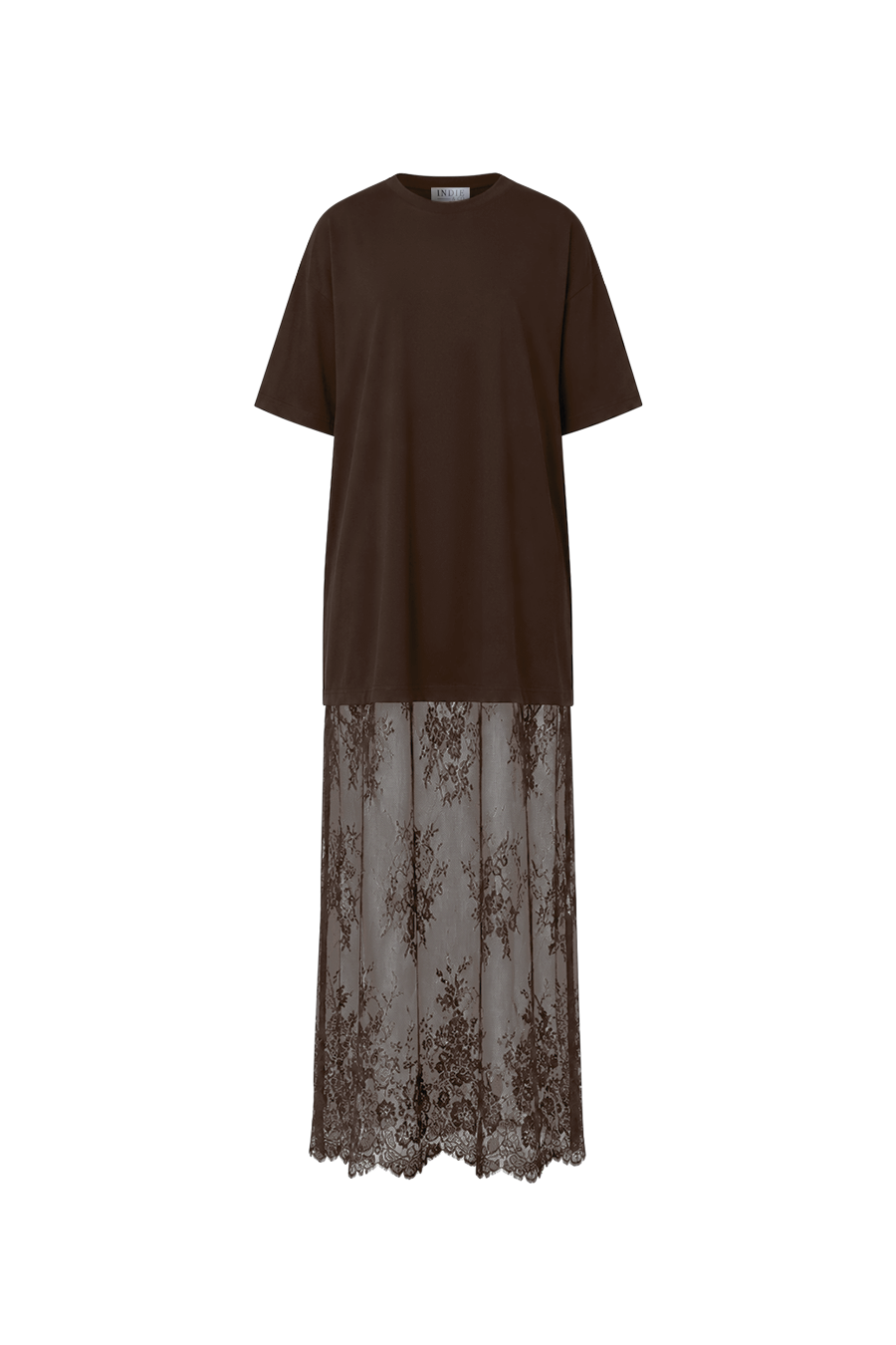 "Vesper" T-Shirt Maxi Dress — Rosewood Brown Lace Skirt