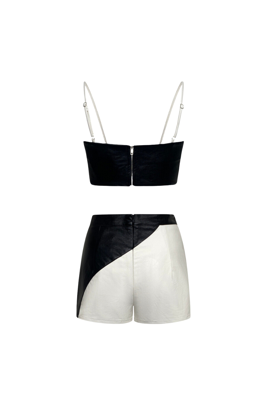 Le Lis Black and white vegan leather two-piece set with color-block crop top and matching shorts Back