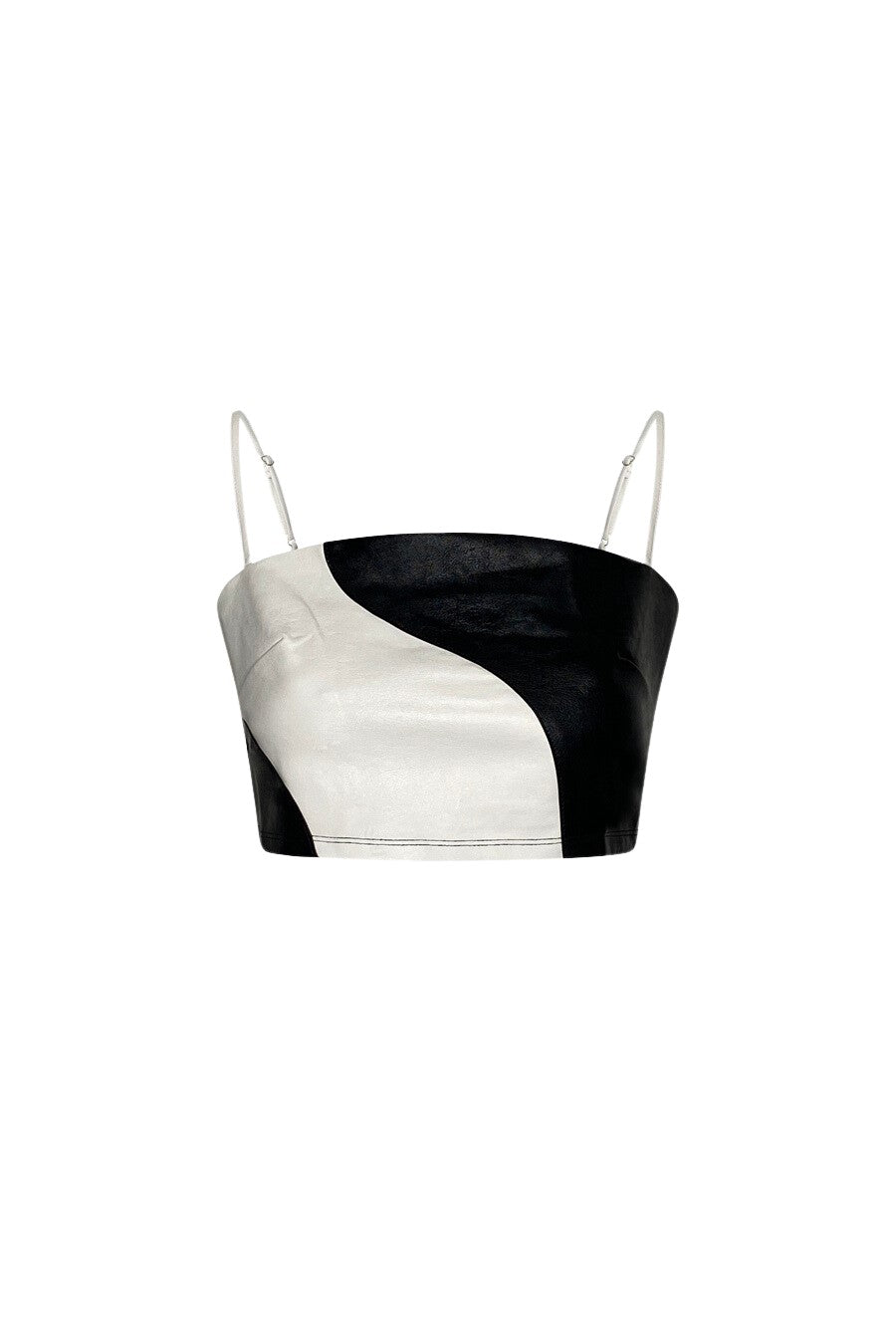 Le Lis Black and white vegan leather crop top with color-block design and square neckline Front