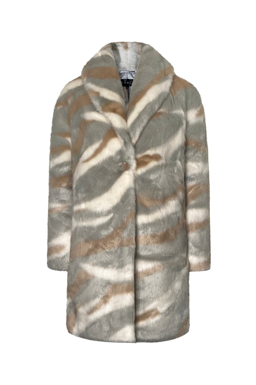 Shop MorAurae women’s fashion outerwear — FABLE Coat in multi-color marble print faux mink fur by Shaci