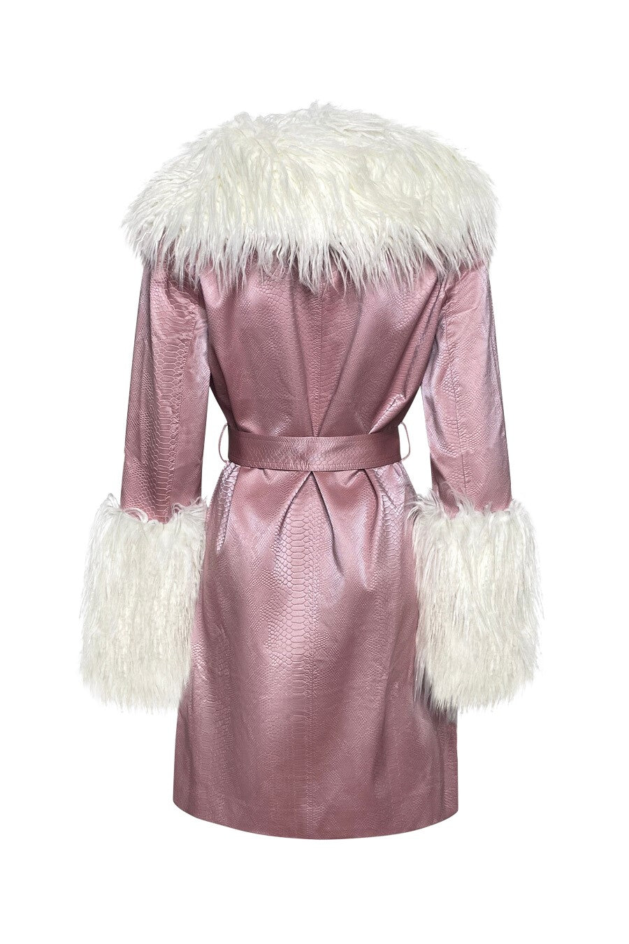 "Fiero" Trench Coat — Pink Sueded Vegan Embossed Crocodile Leather & Mongolian-Style Vegan Fur