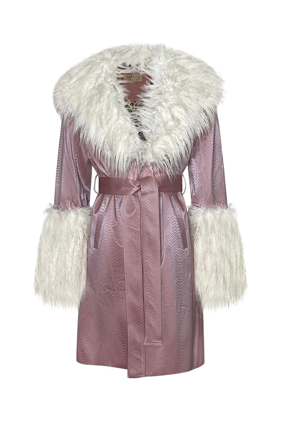 Shop MorAurae women’s fashion outerwear — FIERO Trench Coat in soft pink vegan leather with crocodile effect, a feminine bold trend-forward statement piece by Jay Ley