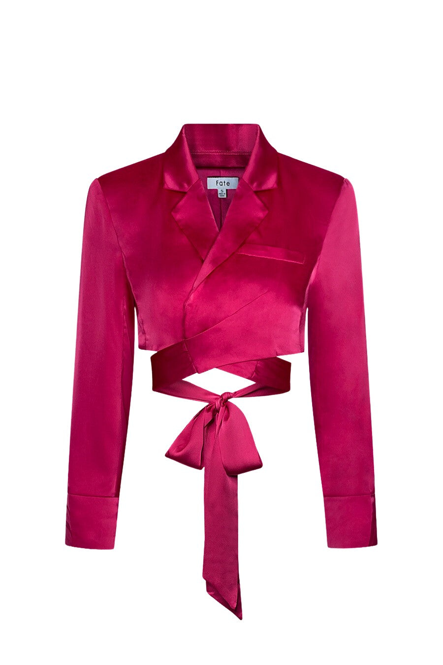Women’s fuchsia pink satin crop blazer top with criss-cross waist tie, drape fit, and tailored sleeve and pocket details
