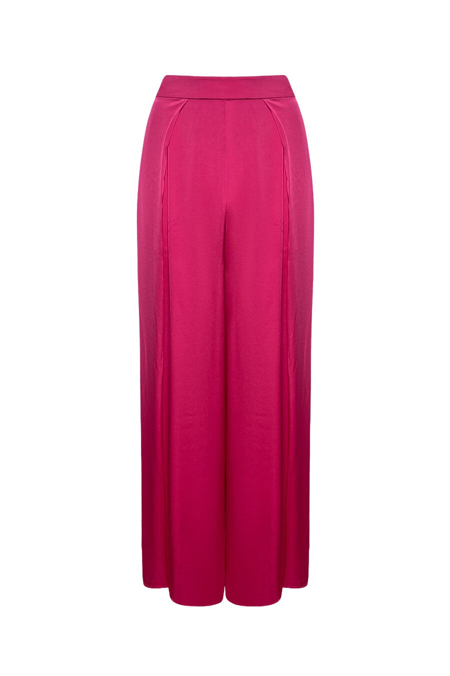 Women’s fuchsia pink satin wide-leg trousers with high-waist and open pleats for a flowy, feminine, modern look.