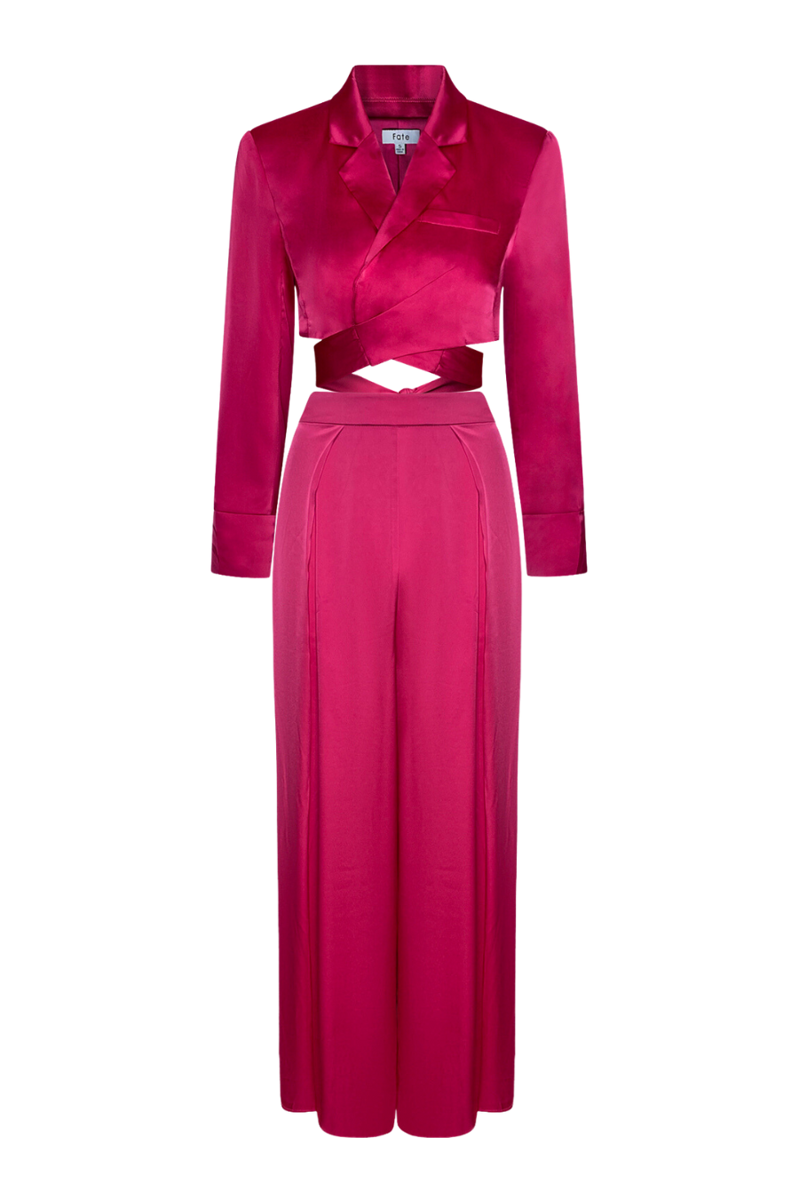 Women’s fuchsia pink satin two-piece set with cropped drape blazer, criss-cross waist tie, and wide-leg open-pleated trousers