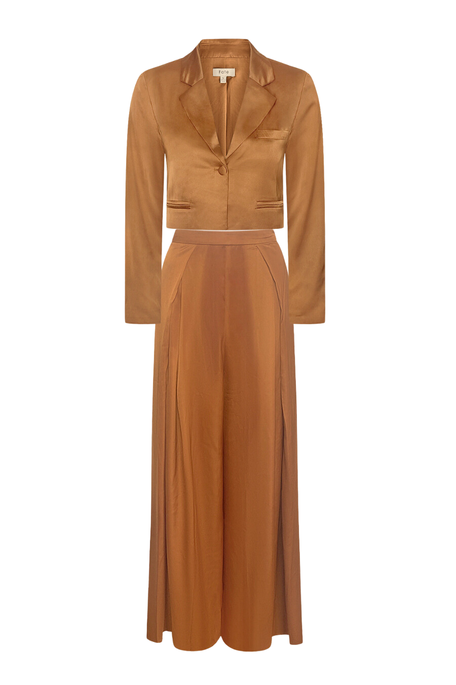 Women’s caramel beige satin two-piece set with cropped drape-fit blazer and wide-leg trousers featuring open pleats for a chic modern look