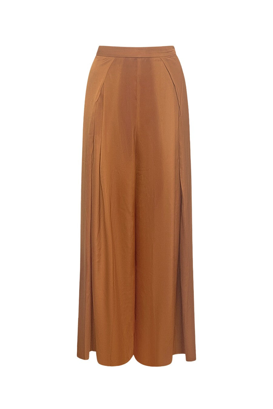 Women’s caramel beige satin wide-leg trousers with high-waist and open pleats for a flowy, feminine, modern look