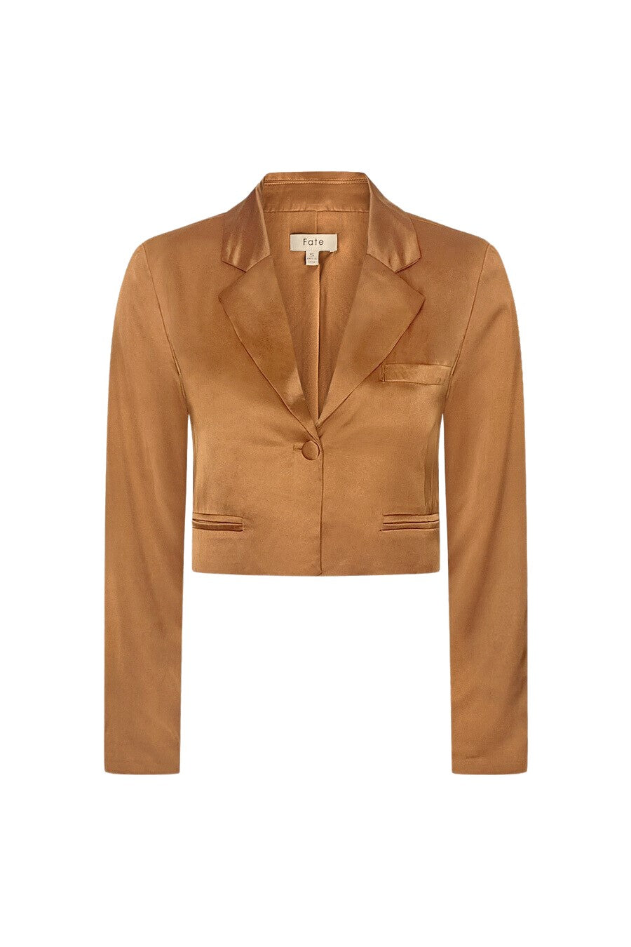 Women’s caramel beige satin crop blazer top with oversized drape fit, shoulder pads, pockets, and front button closure