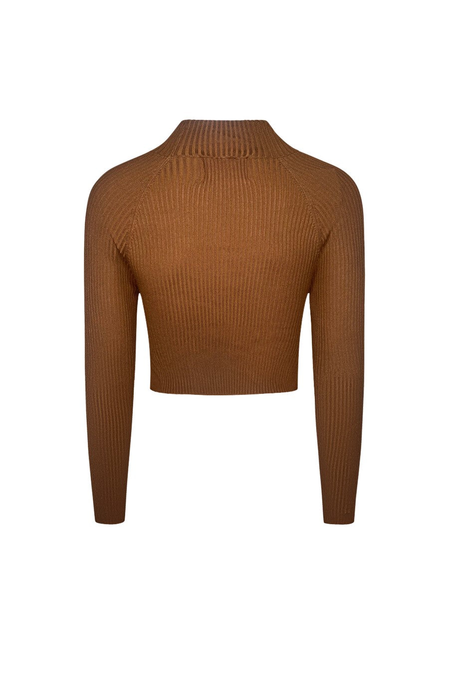“Liora” Ribbed Turtleneck Crop Top — Brown Front-Twist Cutout