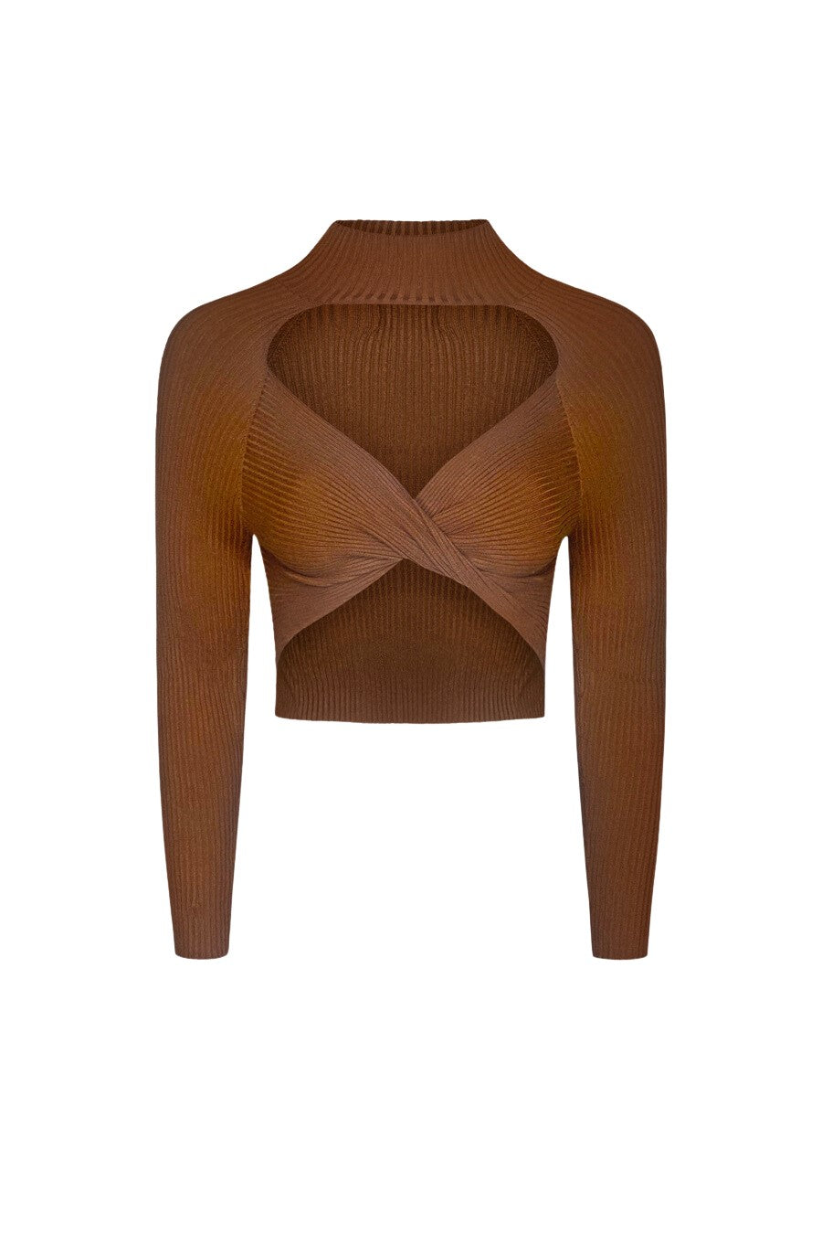 Shop MorAurae women’s fashion tops — LIORA Brown Ribbed Crop Top with turtleneck, long sleeves, and front twist cutout by Superforme
