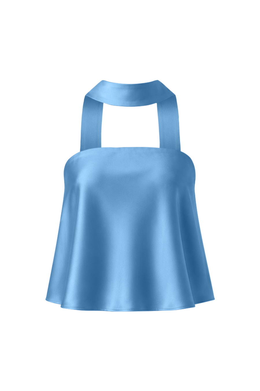 MorAurae Brisa Sky Blue satin flowy top front view with scarf neckline