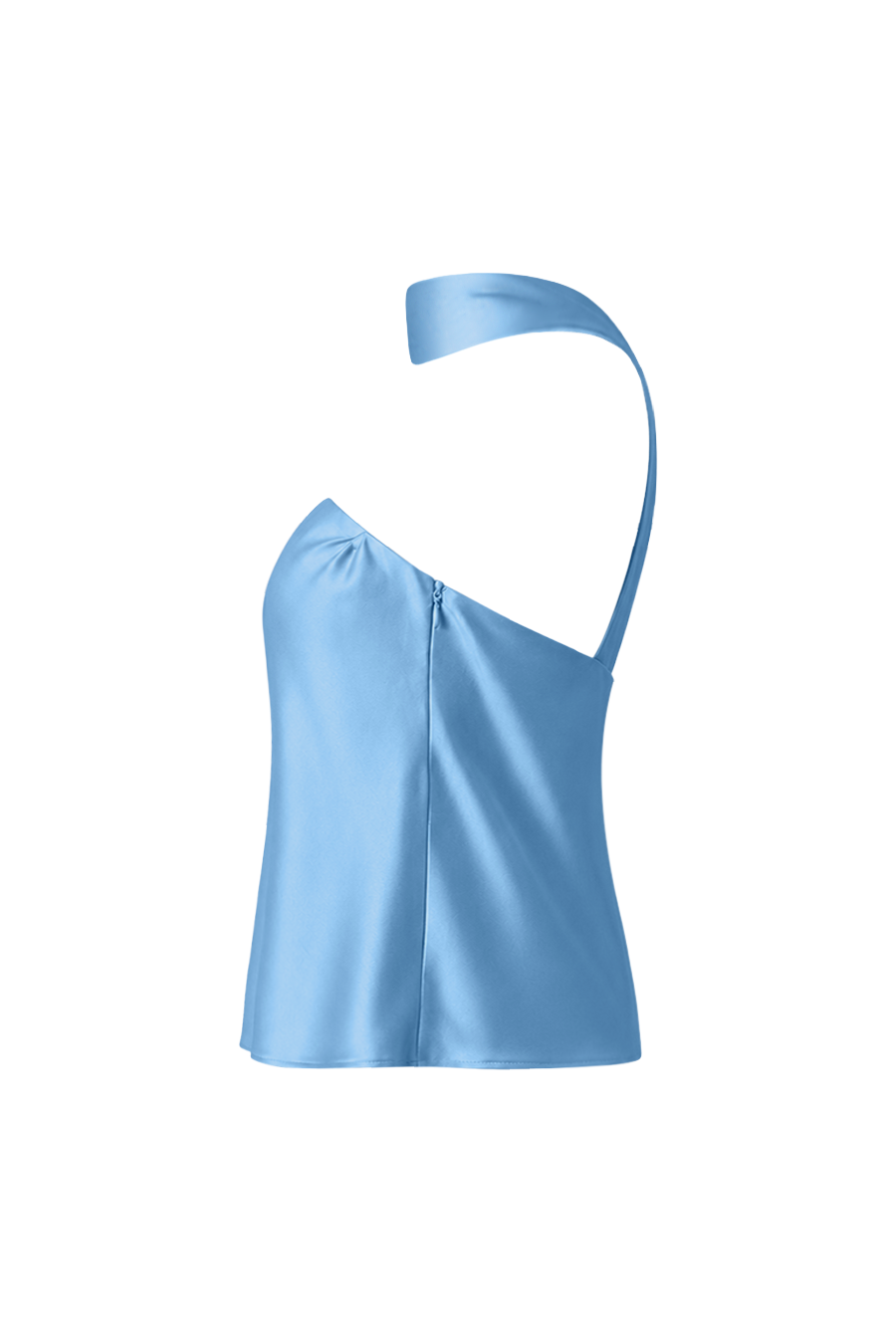 MorAurae Brisa Sky Blue satin flowy top side view with scarf neckline