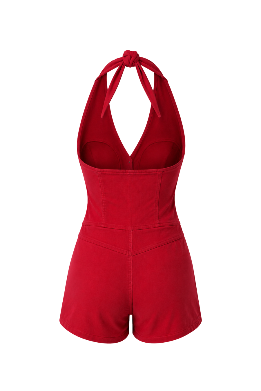 MorAurae Soraya red denim twill vest romper back view with open back design