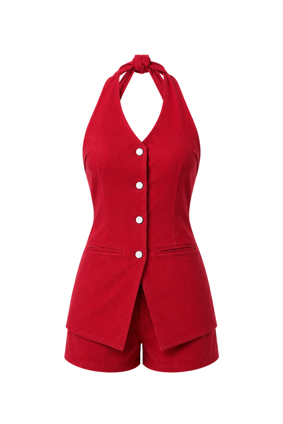 MorAurae Soraya red denim twill vest romper front view with halter neckline