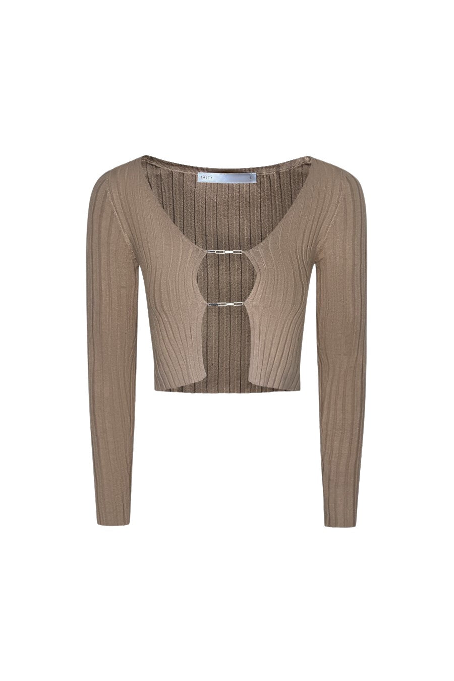 Shop MorAurae women’s fashion tops — ROUX Rib Crop Top in taupe with open-front silver chain detail by Salty