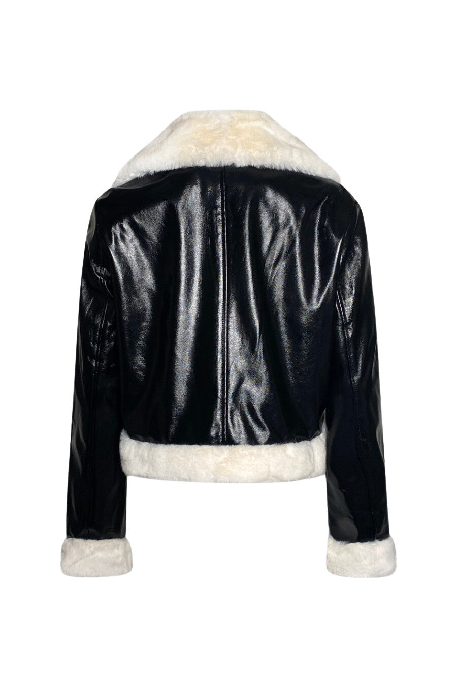 "Selva" Aviator Jacket — Black Patent Leather & Off-White Vegan Fur Trim