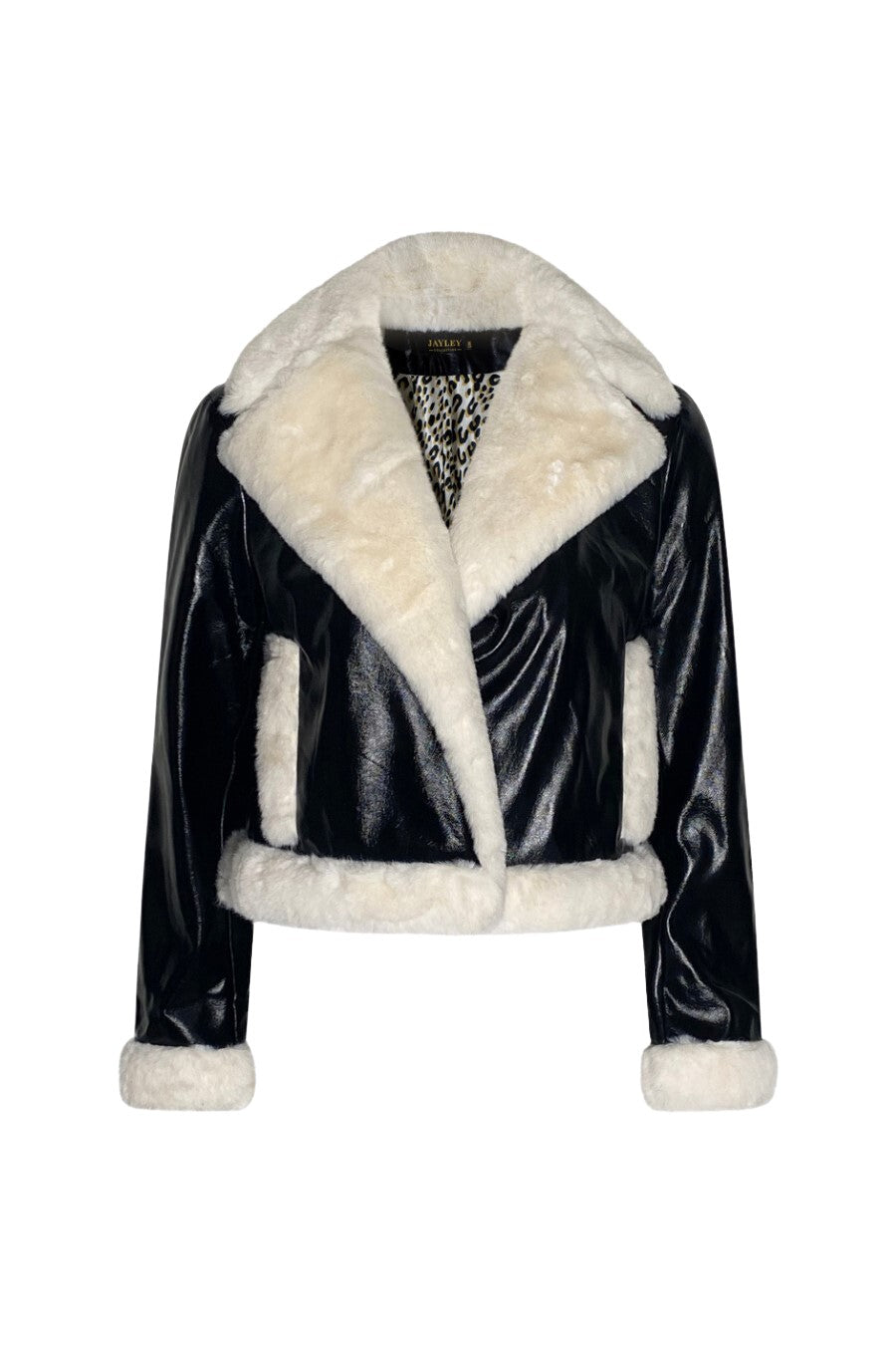 Shop MorAurae women’s fashion outerwear — SELVA Aviator Jacket in black patent leather with off-white faux fur by Jay Ley