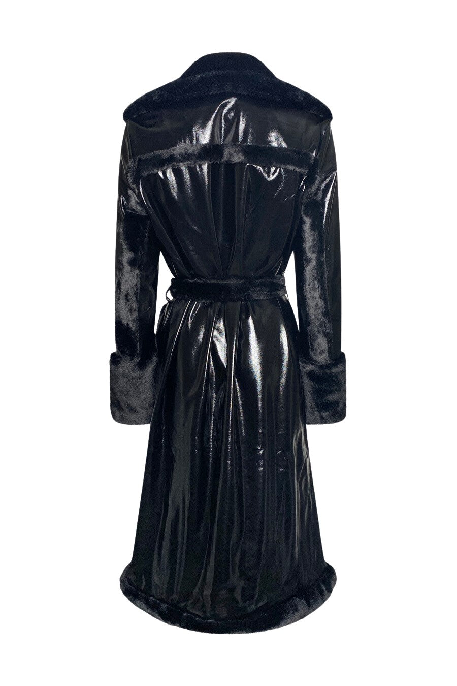 "Strix" Trench Coat — Black Patent Leather & Black Vegan Fur Trim
