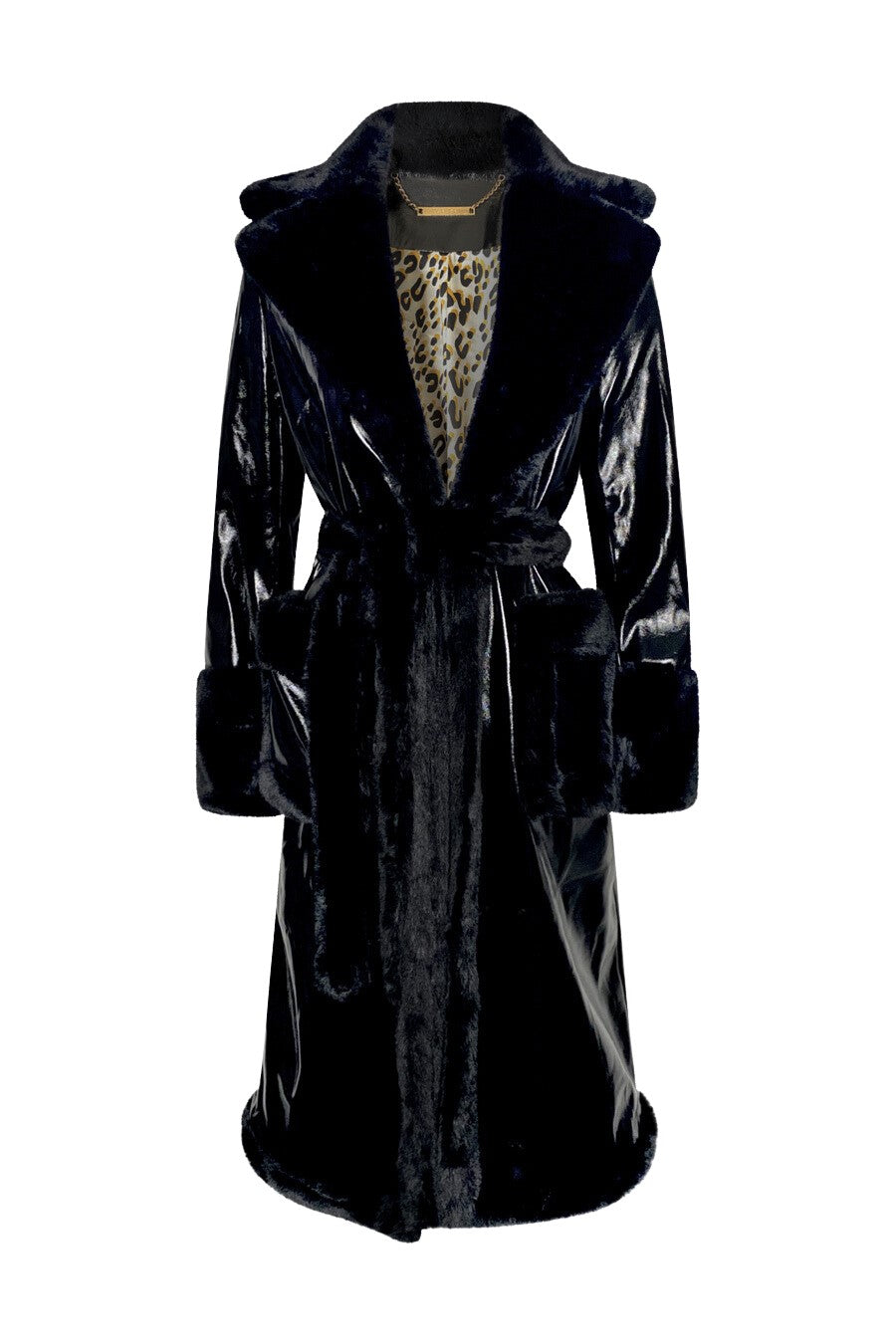 Shop MorAurae women’s fashion outerwear — STRIX Trench Coat in black patent leather with black faux fur by Jay Ley