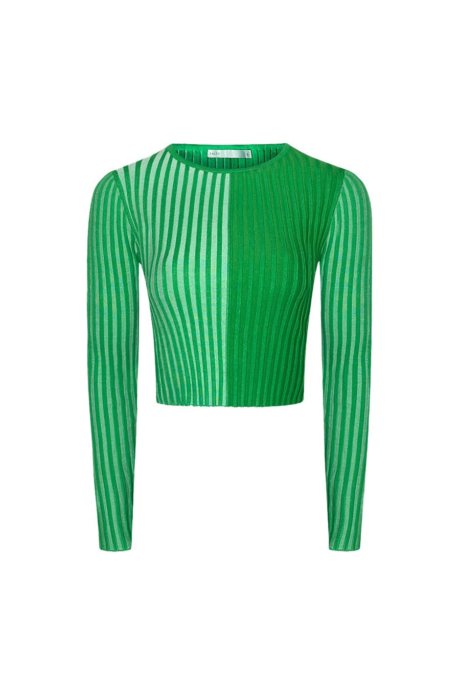 Women’s emerald green two-tone ribbed crop top with contrast rib texture and form-fitting silhouette for a modern feminine look