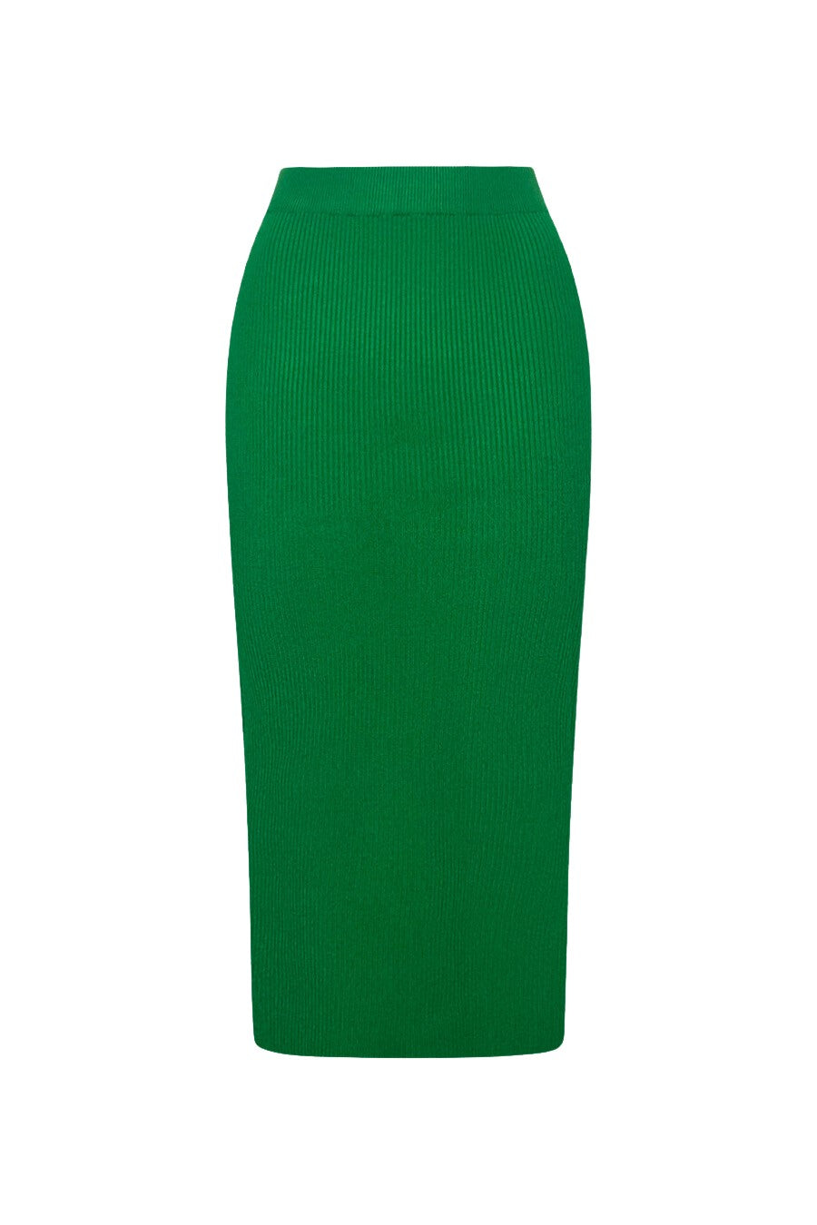 Women’s emerald green ribbed maxi skirt with high back slit and form-fitting silhouette for a chic modern feminine look