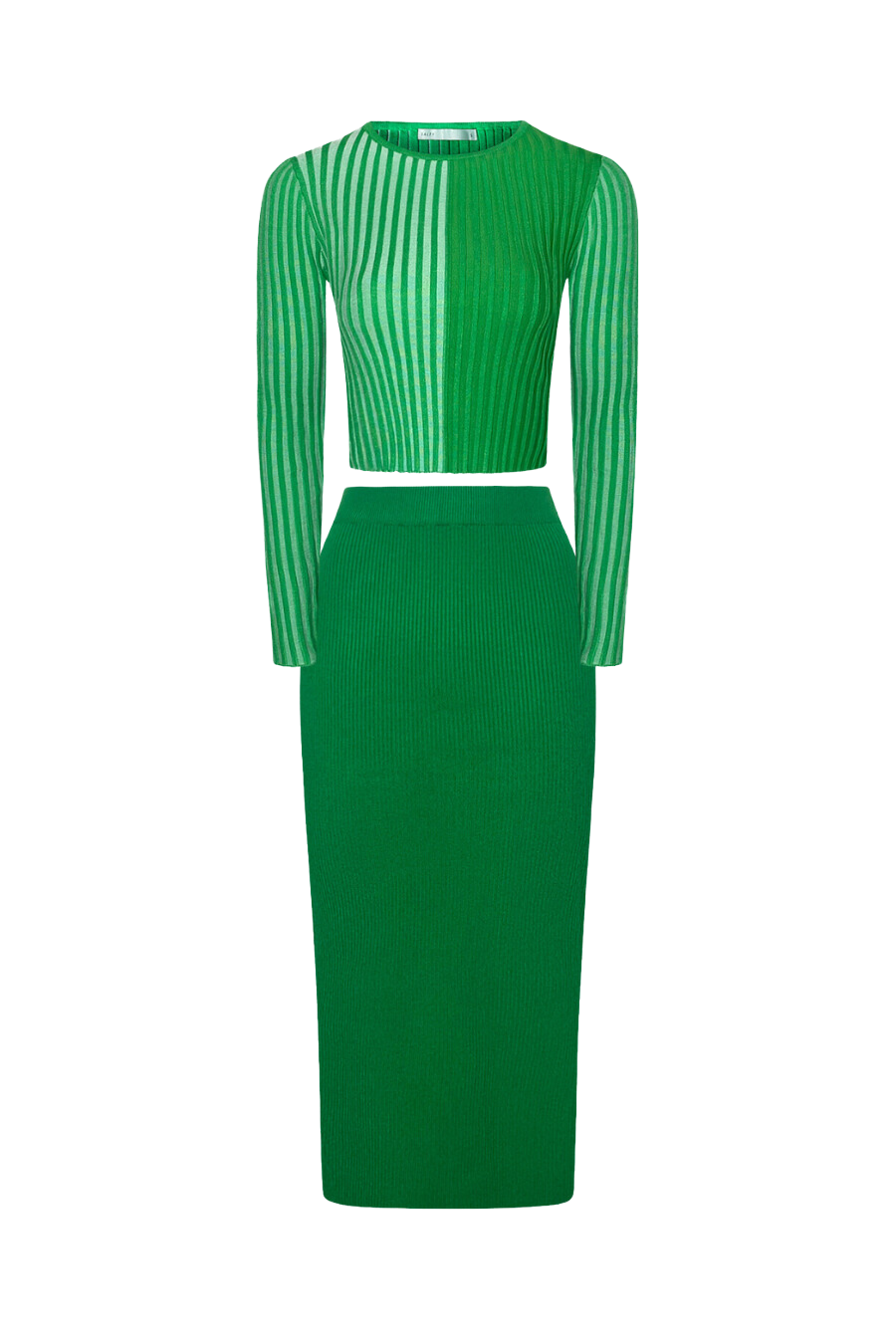 Women’s emerald green two-tone ribbed two-piece set with form-fitting crop top and high-slit maxi skirt for a chic contemporary style