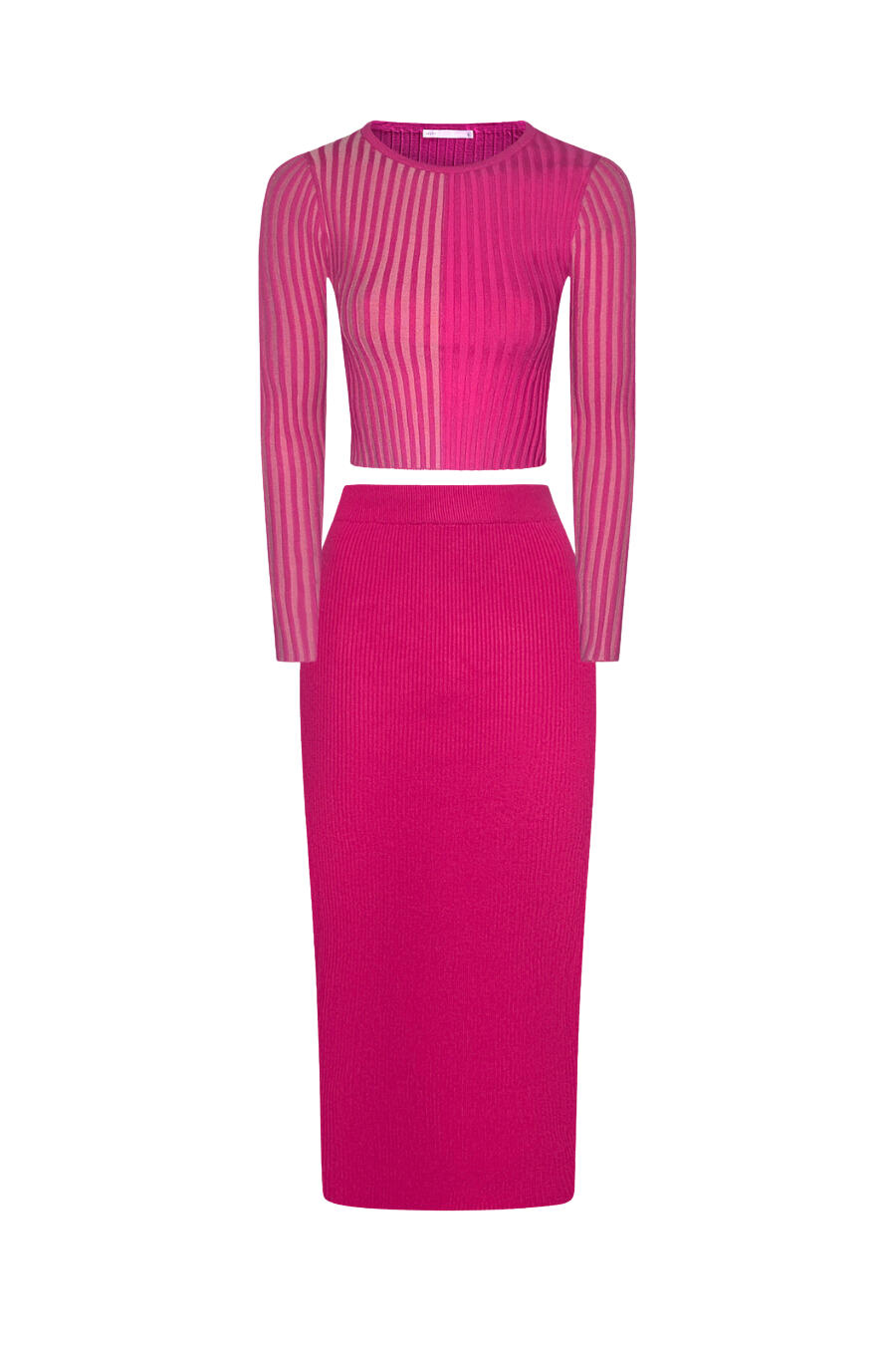 Women’s magenta pink two-tone ribbed two-piece set with form-fitting crop top and high-slit maxi skirt for a chic contemporary style