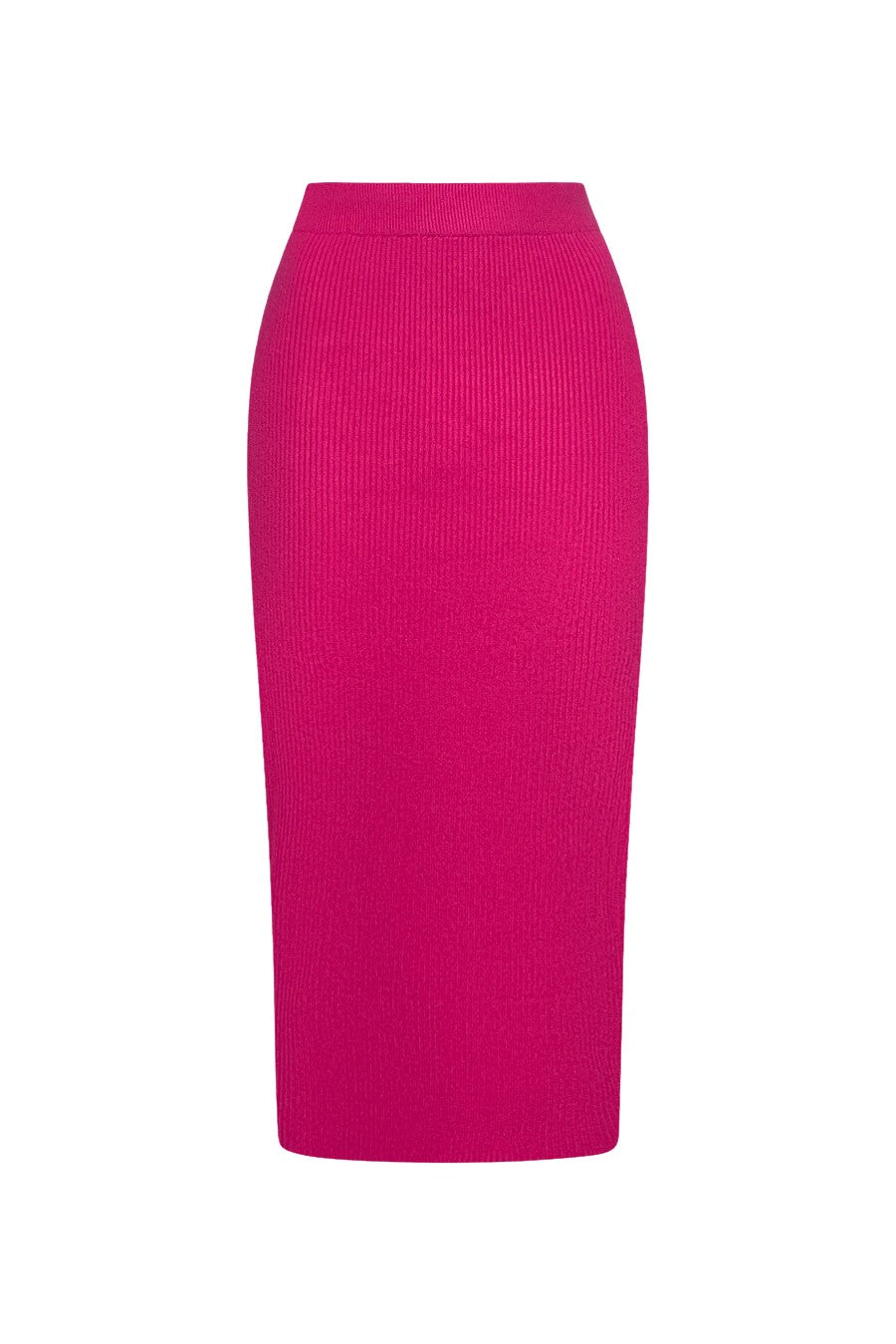 Women’s magenta pink ribbed maxi skirt with high back slit and form-fitting silhouette for a chic modern feminine look